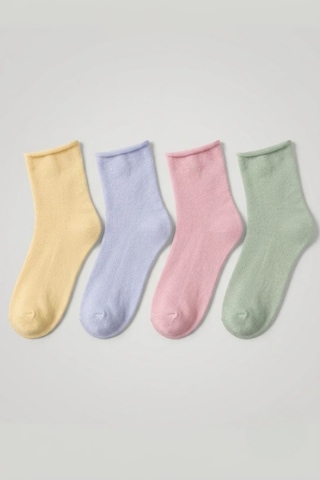 Socketta 4'lü Karışık Renkli Kadın Bambu Dikişsiz Lastiksiz Esnek Kısa Konç Çorap - Premium Çağla Yeşili-açık Sarı-lila-açık Pembe