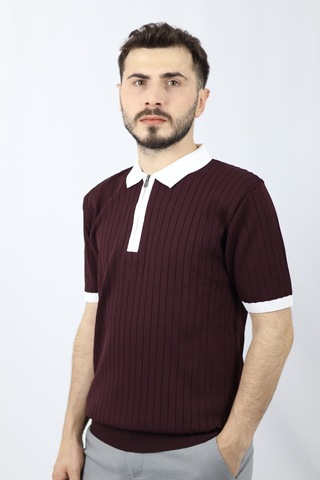 Ventov Fermuarlı Polo Yaka Fitilli Erkek Triko Vtr2601 Bordo - Beyaz