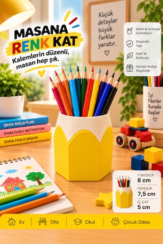 Kalemlik Renkli Kurşun Kalem Tasarımlı, 3d Baskı Sarı