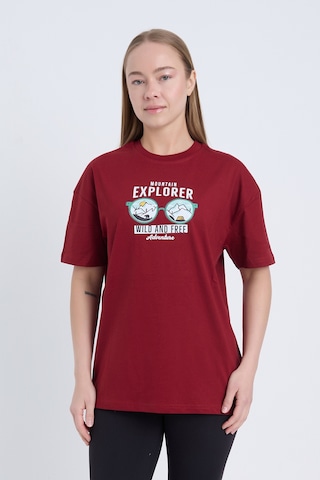 Velvoria Unisex Oversize Mountain Explorer Baskılı Bordo Renk T-shirt