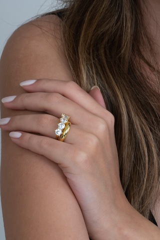 Takı Dükkanı Gold Renk 4mm Gümüş Alyans Ve Ağır Gümüş Beştaş Yüzük Seti Wsr119