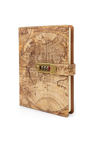 Şifreli Vintage Dünya Haritası Desenli Defter Arkadaş Hediyesi Kişisel Ajanda Nostalji Tutkunu Çok Renkli