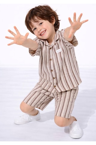 Miniko Kids Erkek Çocuk Çizgili Gömlekli Müslin Şortlu Takım Kahverengi