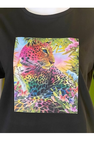 %100 Pamuk Basic Bisiklet Yaka Örme 3 Boyutlu Renkli Kaplan Baskı T-shirt Siyah