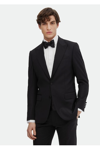 Ramsey Siyah Düz Thin&taller Slim Fit Kruvaze Yaka Dokuma Smokin Takım Elbise