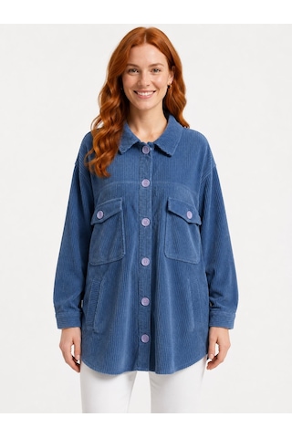 Neden Tekstil Kadın Mavi Oversize Fit Kadife Cep Detaylı Ceket