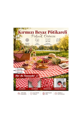Masa Örtüsü - Pötikareli Piknik Örtüsü Sofra Bezi Kareli Balkon Bahçe Kamp Örtüsü Kırmızı Beyaz