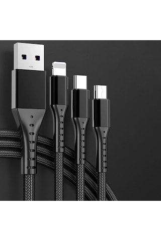Hasır, 3 İn 1, Şarj Kablosu, Lightning & Micro Usb, Type-c, Ios, - Siyah