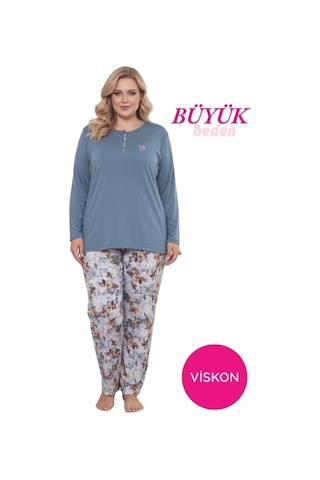 Kadın Çiçek Desen 3 Düğme Likralı Viskon Mevsimlik Büyük Beden Uzun Kol Pijama Takımı İndigo