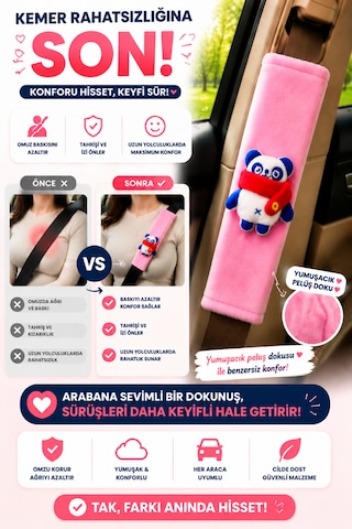 Panda Pembe Emniyet Kemeri Aksesuarı - Emniyet Kemeri Kılıfı-araç Emniyet Kemeri Omuz Koruyucu 1 Adet