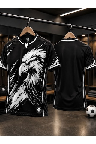 Yenteks Yetişkin Futbol Forması Kartal Desen Siyah Beyaz Özel Tasarım Forma Beyaz - Siyah