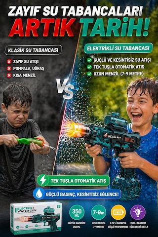 Elektrikli Su Tabancası Şarjlı Otomatik 350ml Işıklı Uzun Menzil Çocuk Oyuncak Su Silahı
