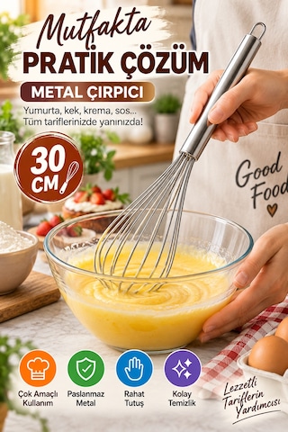 30 Cm Metal Çırpıcı Paslanmaz Çelik El Çırpıcısı Yumurta Kek Krema Sos Karıştırıcı Mutfak Gereci Tel Gümüş