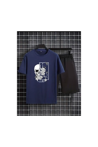 Medinenur Kuru Kafa Baskılı T-shirt Short Bol Paça Rahat Kalıp Siyah Alt Siyah Üst Short Takım Lacivert
