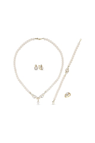 Taşlı Doğal İnci Kolye Bileklik Yüzük Küpe Dörtlü Set - 17