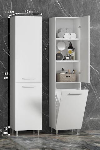 40x167 Cm Beyaz Mdf Sepetli Ayaklı Banyo Boy Dolabı