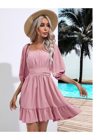 Açık Yeşil Yaz Kadın Elbise Fırfırlı Kare Yaka Düz Renk Elbise Tatlı Ve Taze Kravat Kısa Elbise Xl Açık Yeşil