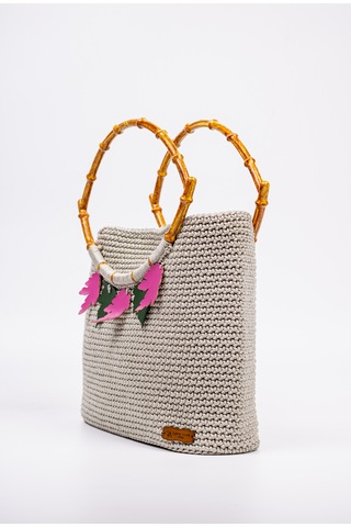 Fabric Craft Bag Gri Tığ Dokulu Bambu Saplı El Çantası Gri Gri