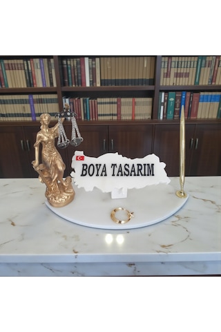 Doğal Beyaz Mermer İsimlik Sümen Takımı Kalem Ve Terazi Metal Ay Yıldızlı