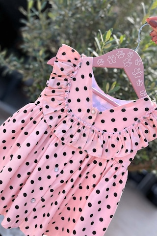 Puantiyeli Kolsuz Pamuklu Kız Çocuk Bebek Pudra Pembe Elbise 001