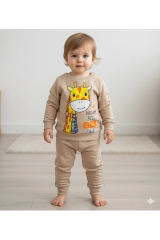 Kız Bebek Zürafa Baskılı Çıt Çıtlı Alt Üst İkili Gündelik Takım 6-18 Ay Bej