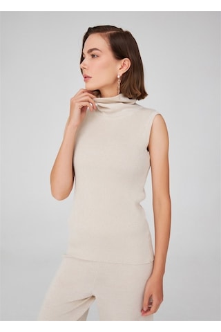 Peraluna Simli Balıkçı Yaka Kolsuz Kadın Triko Bluz Krem-Krem