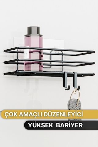 Banyo Düzenleyici Şampuanlık Sabunluk 1 Adet Lüks Metal Yapışkanlı 2 Askılı Duş Rafı Organizer Siyah