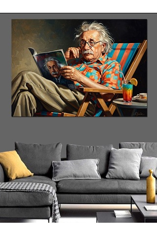 Kitap Okuyan Gözlüklü Yaşlı Einstein Dekoratif Kanvas - Mdf Ahşap Tablo