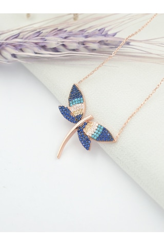 Brezza Lusso Jewelry Yusufçuk Kolye 925 Ayar Gümüş Mavi Taşlı Kadın Kolye Pembe