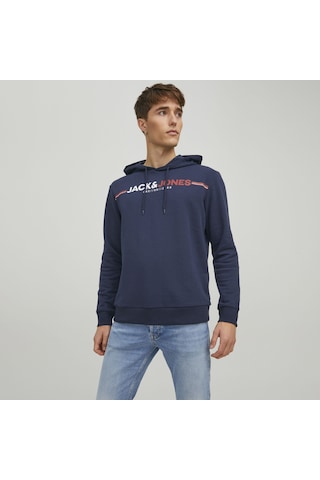 Jack & Jones Kapüşonlu Logo Baskılı Sweatshirt- Frederik 12219814 Navy Blazer Lacivert