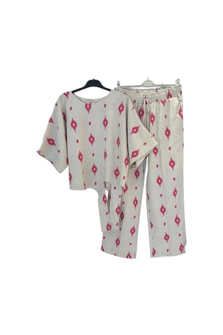 1051 Kısa Kol Önü Bağlamalı Keten Takım Pembe