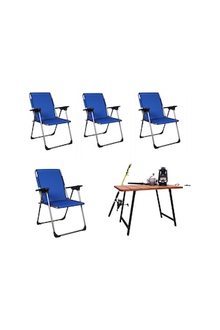 Alin Metal Lüks 4lü Katlanır Sandalye Ve Masa Seti Mavi Mavi