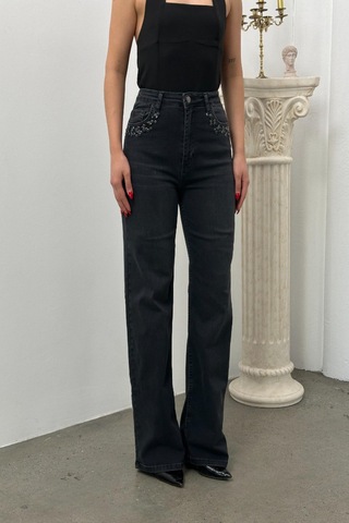 Lacarino 7984 Wide Leg Kadın Jean Pantolon Siyah Taşlı