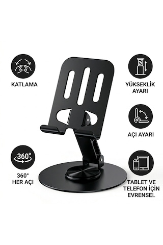 360 Ayarlanabilir Katlanabilir Telefon & Tablet Standı Yükseklik Ve Açı Ayarlı Masa Üstü Tutucu Siyah