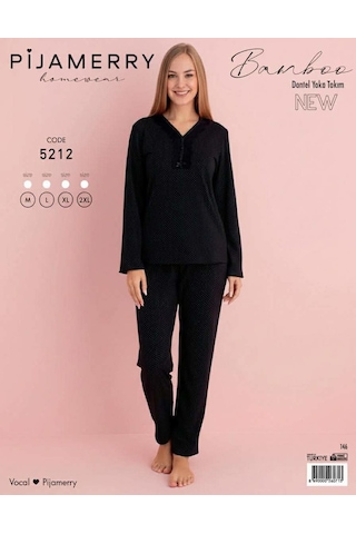 Pijamerry Kadın Bambu Baharlık Dantel Yaka Uzun Kol İnce Pijama Takımı 5212s - 1 Adet Siyah