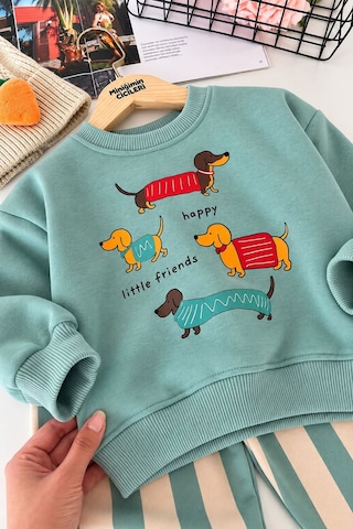 Minigimin Cicileri Sevimli Köpek Baskılı Sweatshirt Çizgili Bol Paça Kız Çocuk 2 Li Takım - Mint Diğer