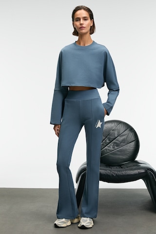 Grımelange ANOUK Kadın Pamuklu Baskı Ve Patch Detaylı Bisiklet Yaka Crop Petrol Mavisi Sweatshirt
