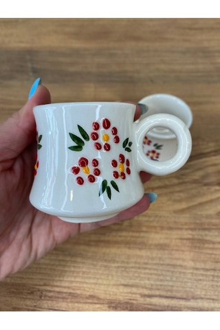 Kırmızı Çiçek Desenli El Yapımı Seramik Kupa, Mug, Türk Kahvesi