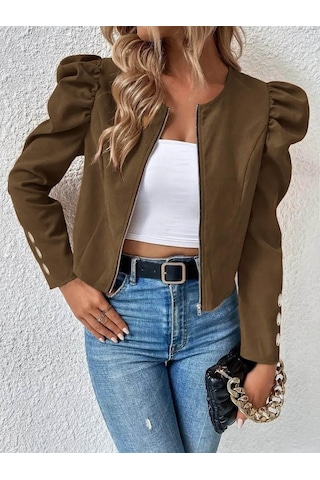 Kadın Uzun Kollu Önden Fermuarlı Balon Kol Süet Ceket Siyah