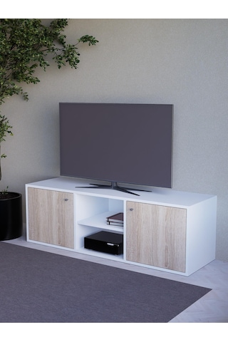 Detamob Beyaz Tv Ünitesi, 2 Kapaklı Raflı Tv Sehpası - 138cm Mdf Meşe