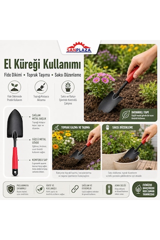 Sanplaza 3'lü Bahçe El Aletleri Seti Kazma Çapa Tırmık Kürek Saksı Dikim Toprak Bakım Seti