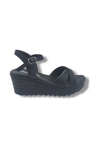 Şanzelize K302-26 Cilt Çapraz Bant Dolgu Taban Kadın Sandalet Siyah