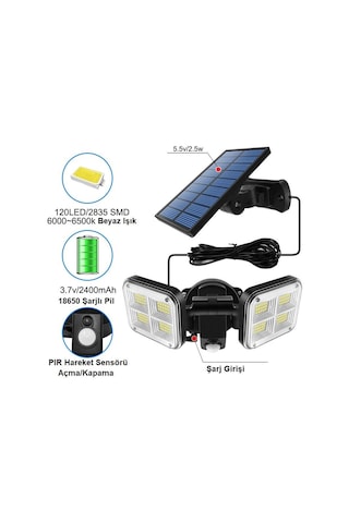 Upway Güneş Enerjili 120 Led Şarjlı Hareket Sensörlü 500 Lümen Solar Aydınlatma Lamba