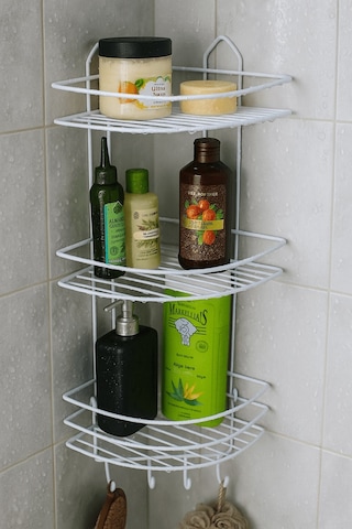 Paslanmaz Beyaz Yapışkanlı Banyo Köşeliği Düzenleyici, Şampuanlık, Duş Rafı 3 Katlı - 4 Kancalı - Ek-03 Beyaz