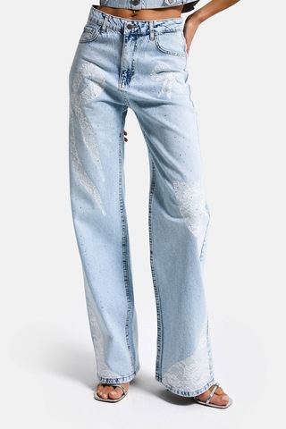 Itsbasic Kadın Ice T-4s6-3 Straight Fit Taş Ve Dantel Detaylı Özel Tasarım Denim Jean Buz Mavi