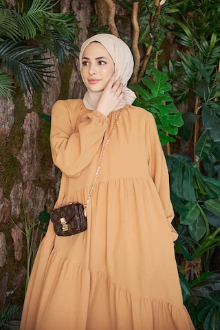 Neways 6614 Büzgülü Berlin Elbise Camel