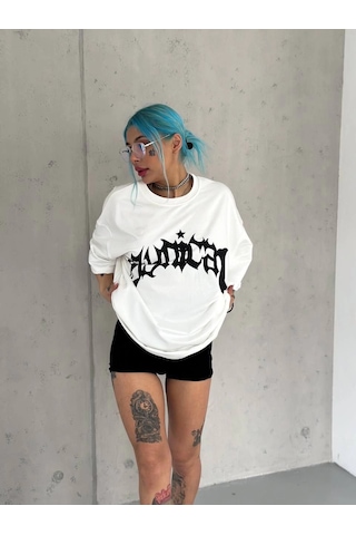Novalisse Kadın Baskıkı Bisiklet Yaka T-shirt - Beyaz Çoklu Renk