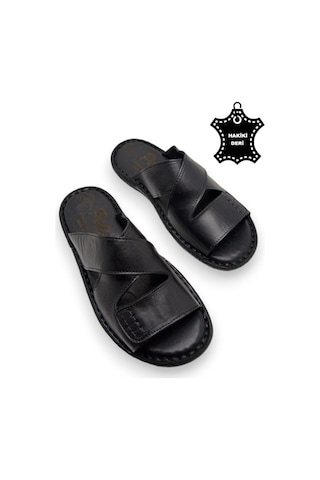 Tamamen Hakiki Deri Ve Topuk Yastıklı Sistemli Ortopedik Erkek Terlik Siyah Çırtlı Siyah