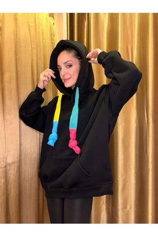 Ali Butik Renkli Kordon Detaylı Siyah Sweatshirt Siyah