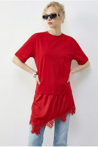 Shade Kadın Asimetrik Dantelli Etek Uclu Oversize T-shirt 8716 60283956 - Kırmızı
